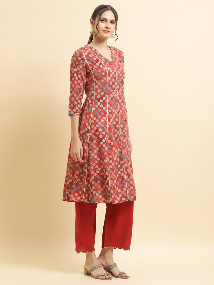 Women Liva Rayon Red Geometric Print Kurta With Comfort Pant.
