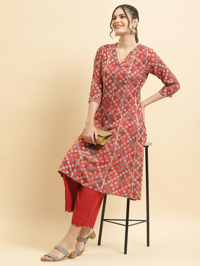 Women Liva Rayon Red Geometric Print Kurta With Comfort Pant.