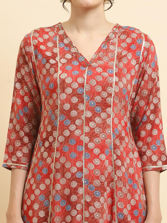 Women Liva Rayon Red Geometric Print Kurta With Comfort Pant.