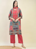 Women Liva Rayon Red Ornamental Print Kurta Comfort Pant Dupatta.