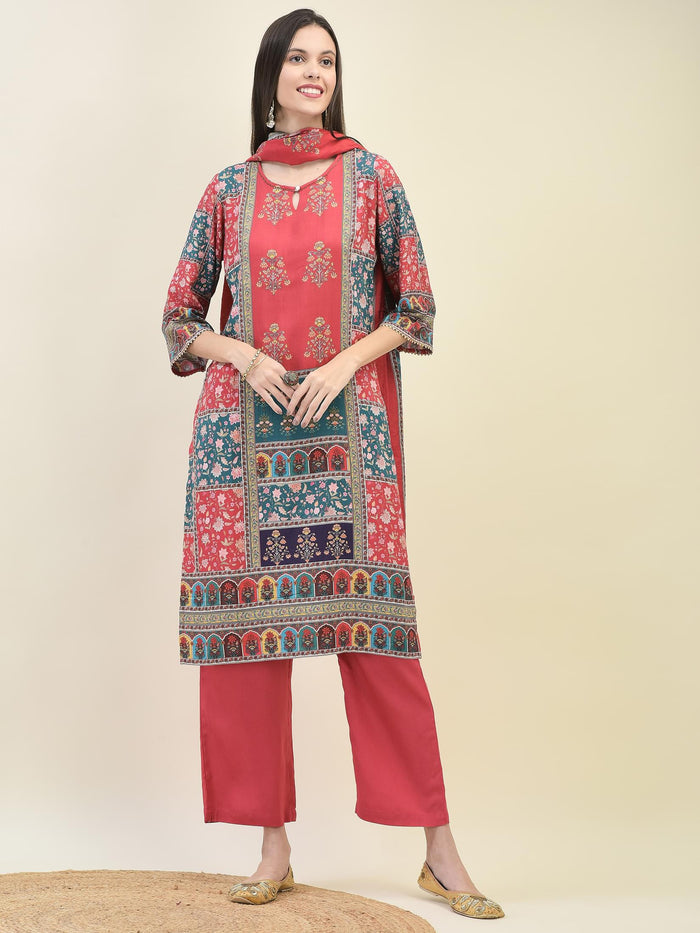Women Liva Rayon Red Ornamental Print Kurta Comfort Pant Dupatta.