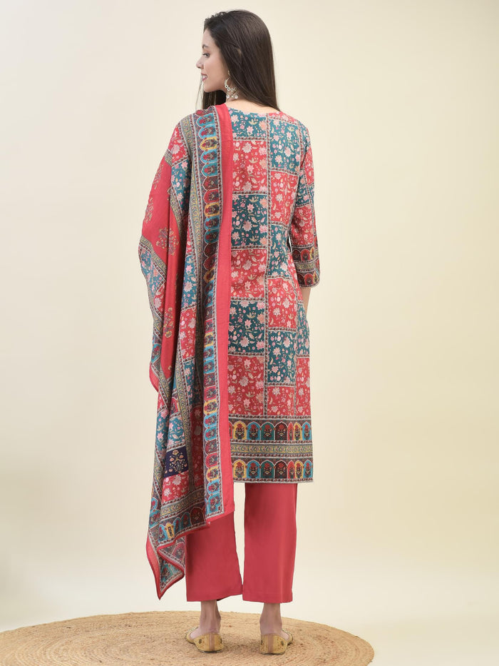 Women Liva Rayon Red Ornamental Print Kurta Comfort Pant Dupatta.