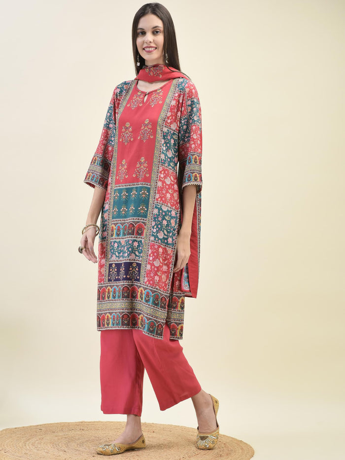Women Liva Rayon Red Ornamental Print Kurta Comfort Pant Dupatta.
