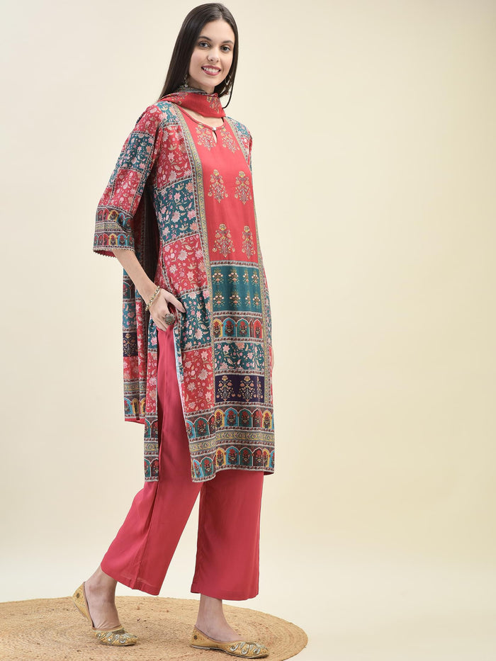 Women Liva Rayon Red Ornamental Print Kurta Comfort Pant Dupatta.