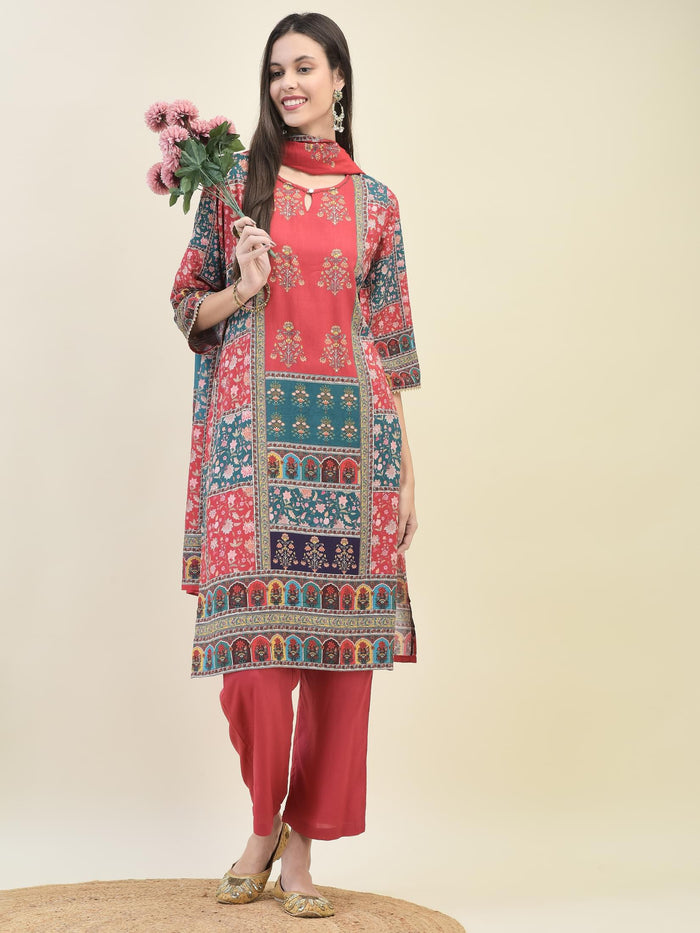 Women Liva Rayon Red Ornamental Print Kurta Comfort Pant Dupatta.