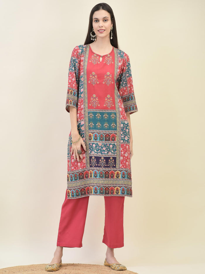 Women Liva Rayon Red Ornamental Print Kurta Comfort Pant Dupatta.