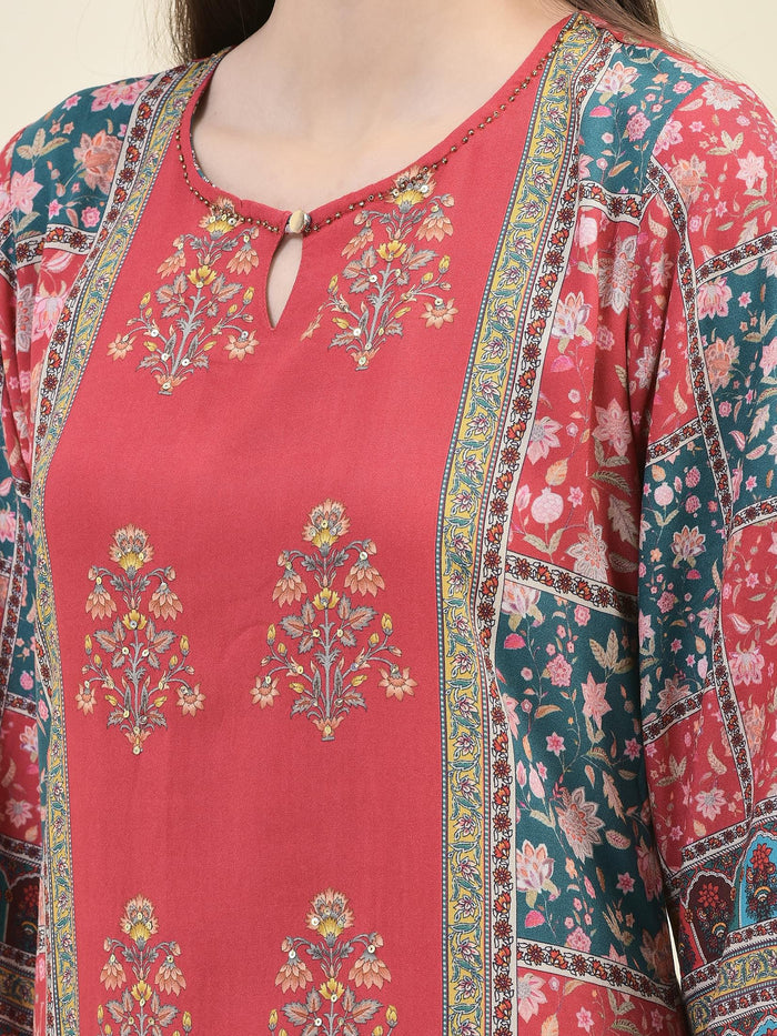 Women Liva Rayon Red Ornamental Print Kurta Comfort Pant Dupatta.