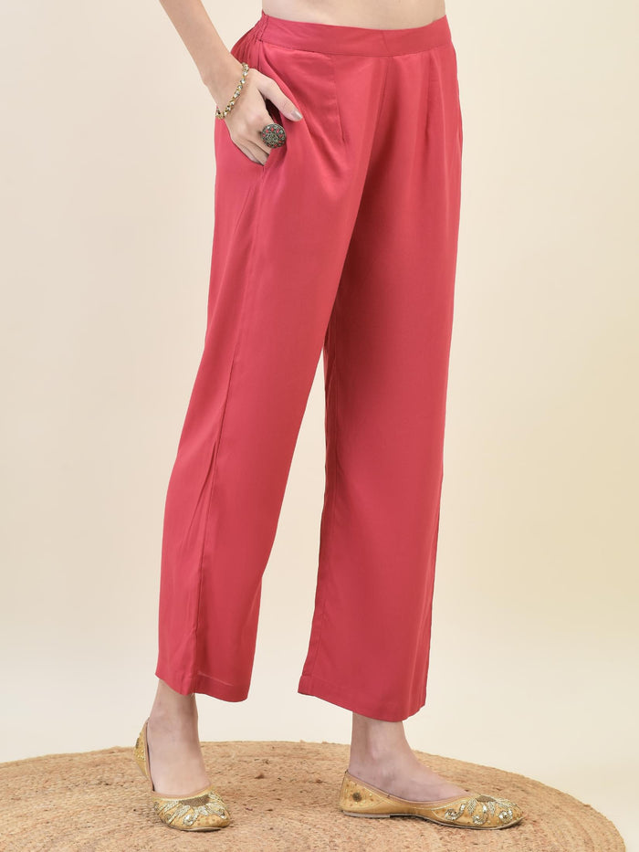 Women Liva Rayon Red Ornamental Print Kurta Comfort Pant Dupatta.