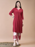 Women Liva (Rayon) Red Solid Kurta With Cotton Comfort Pant.
