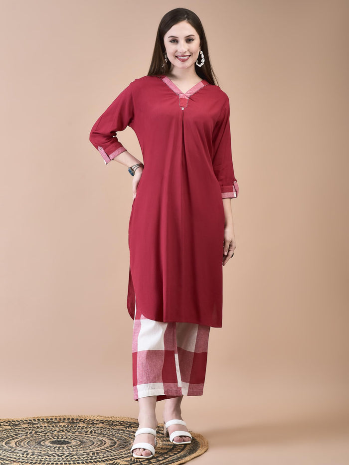 Women Liva (Rayon) Red Solid Kurta With Cotton Comfort Pant.