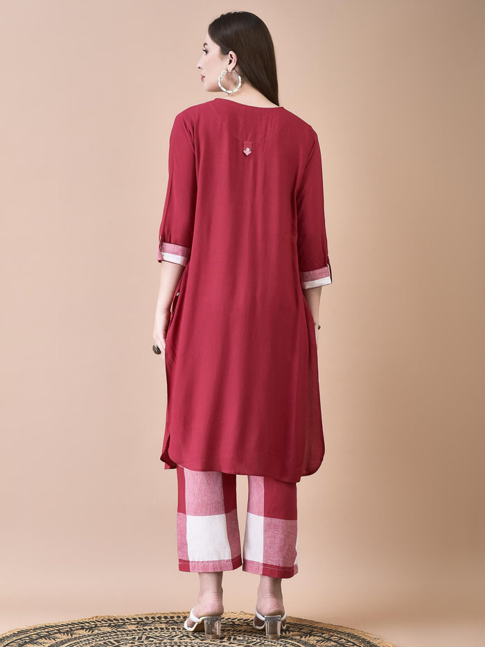 Women Liva (Rayon) Red Solid Kurta With Cotton Comfort Pant.