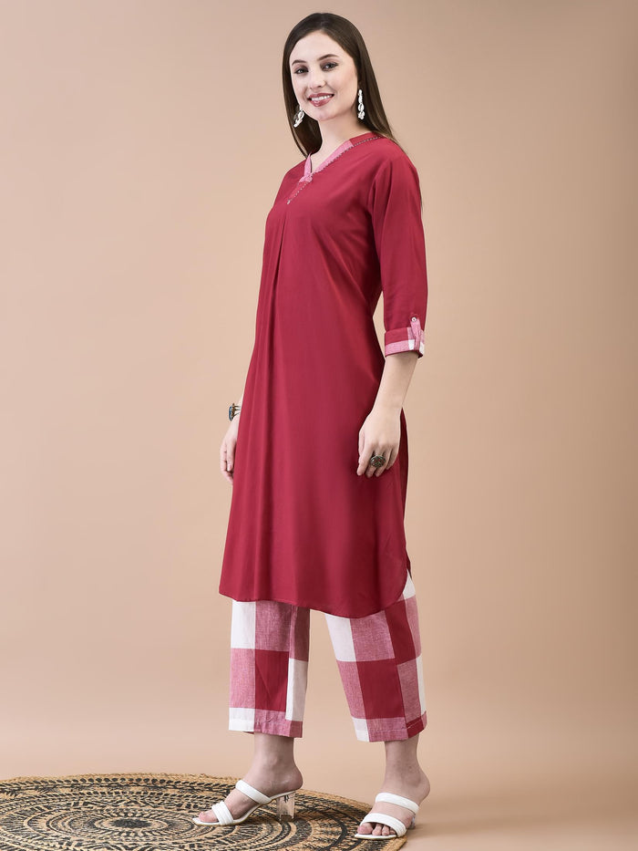 Women Liva (Rayon) Red Solid Kurta With Cotton Comfort Pant.