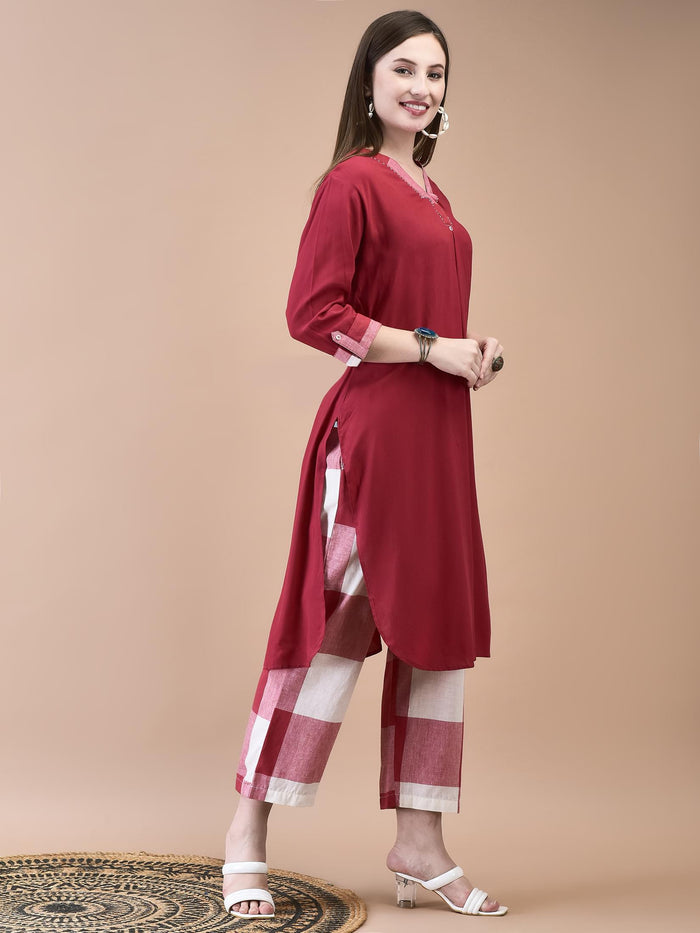 Women Liva (Rayon) Red Solid Kurta With Cotton Comfort Pant.