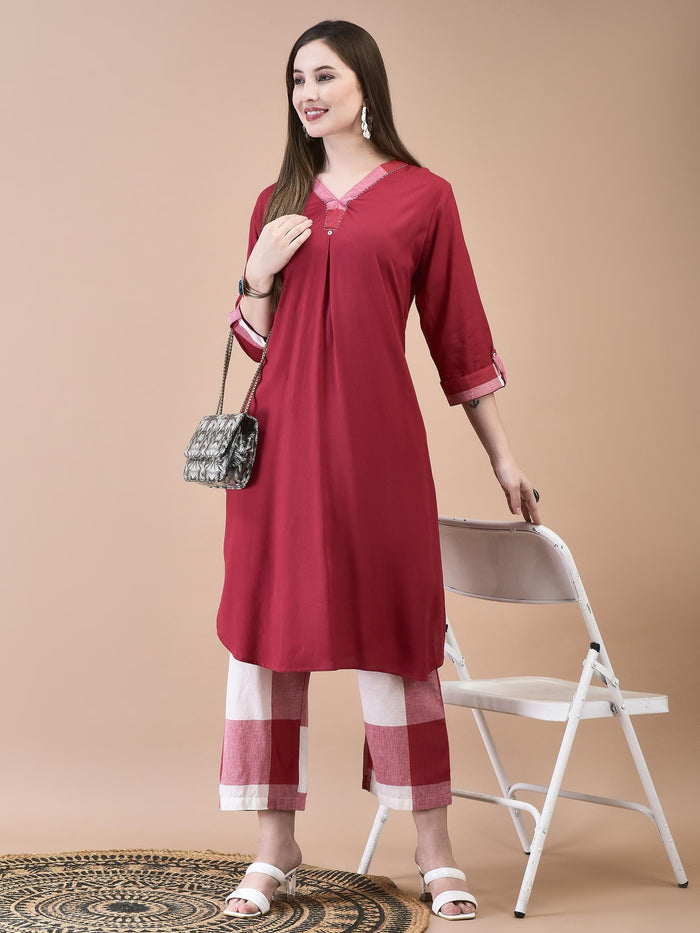 Women Liva (Rayon) Red Solid Kurta With Cotton Comfort Pant.