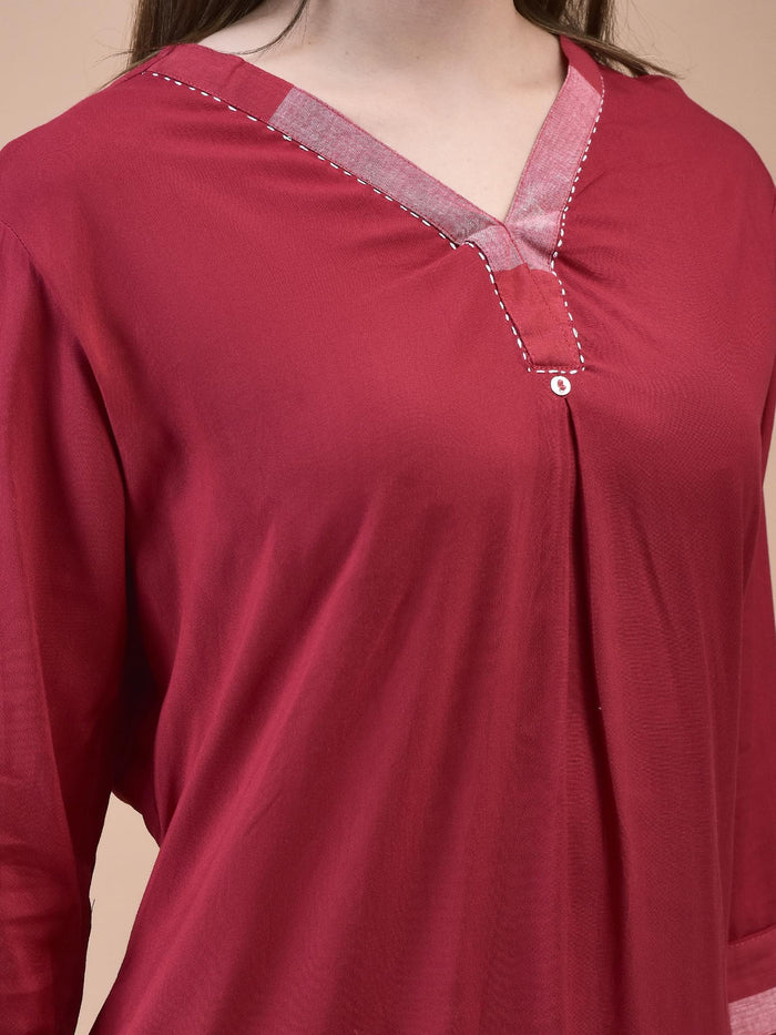 Women Liva (Rayon) Red Solid Kurta With Cotton Comfort Pant.