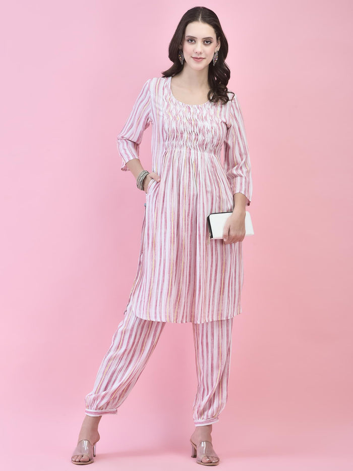 Women Liva (Rayon) Red Stripe Print Kurta With Harem Pant.