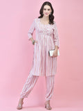 Women Liva (Rayon) Red Stripe Print Kurta With Harem Pant.