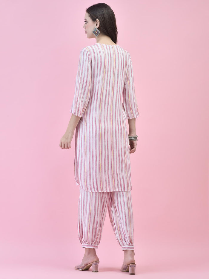 Women Liva (Rayon) Red Stripe Print Kurta With Harem Pant.