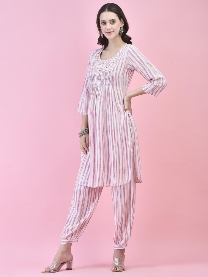 Women Liva (Rayon) Red Stripe Print Kurta With Harem Pant.