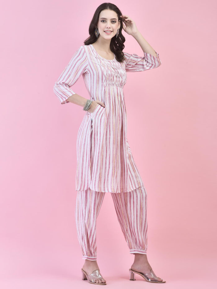 Women Liva (Rayon) Red Stripe Print Kurta With Harem Pant.