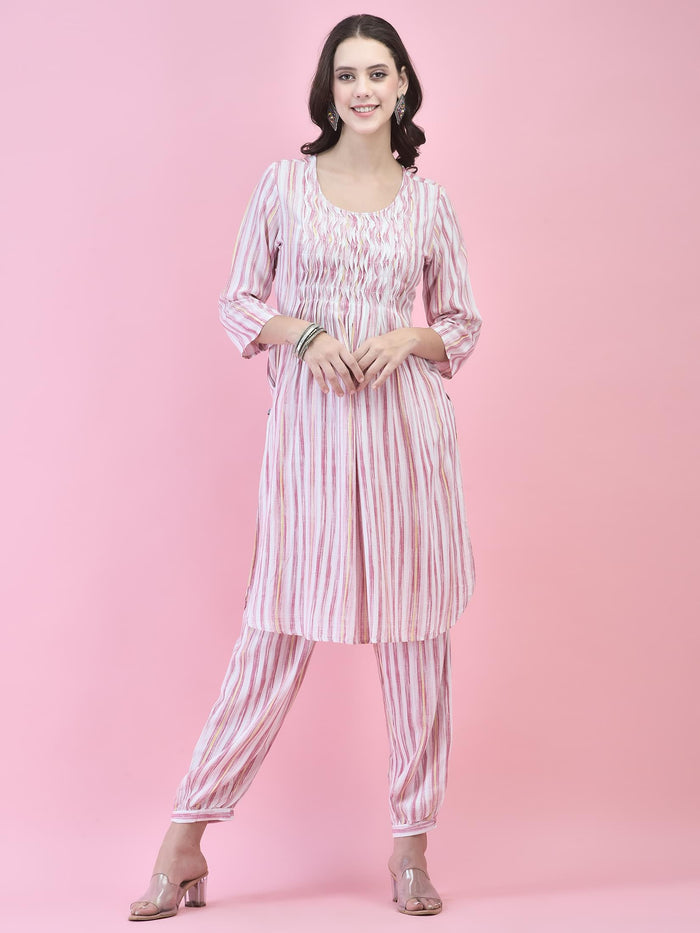 Women Liva (Rayon) Red Stripe Print Kurta With Harem Pant.