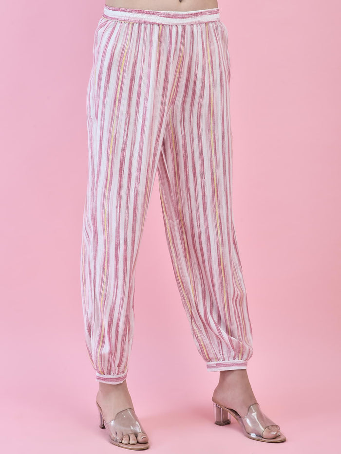 Women Liva (Rayon) Red Stripe Print Kurta With Harem Pant.