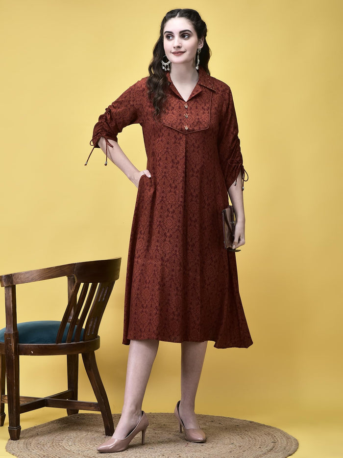 Women Liva Rayon Rust Floral Print Dress.