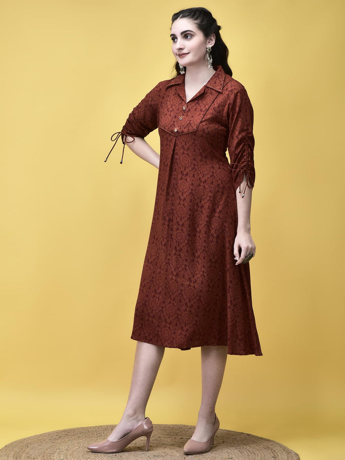 Women Liva Rayon Rust Floral Print Dress.