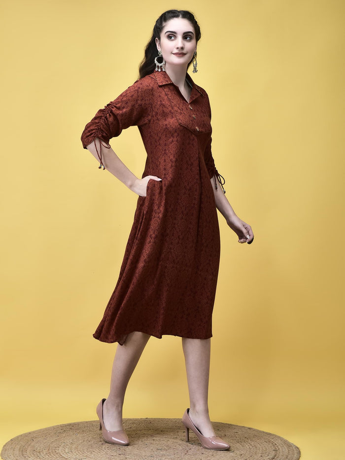 Women Liva Rayon Rust Floral Print Dress.