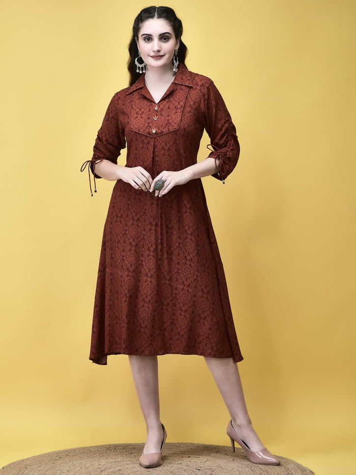 Women Liva Rayon Rust Floral Print Dress.