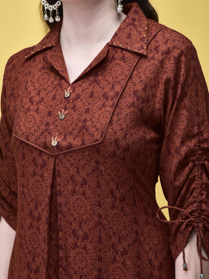 Women Liva Rayon Rust Floral Print Dress.