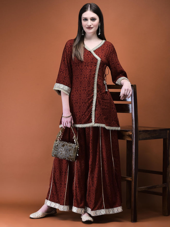 Women Liva (Rayon) Rust Floral Print Kurta With Split Pant.