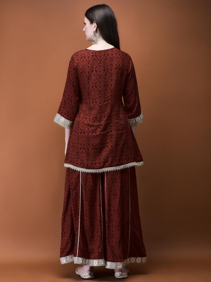 Women Liva (Rayon) Rust Floral Print Kurta With Split Pant.