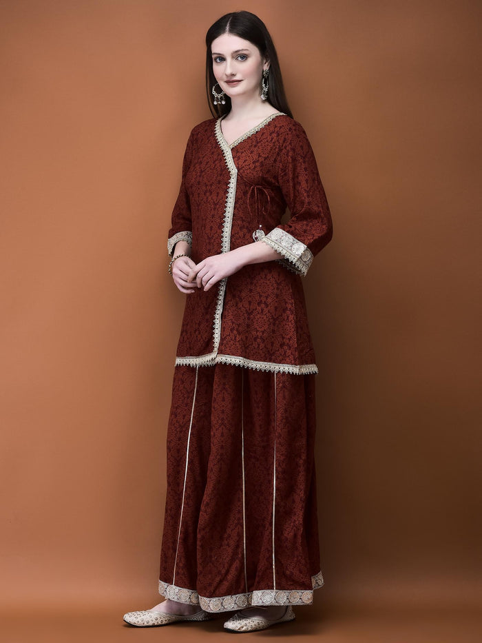 Women Liva (Rayon) Rust Floral Print Kurta With Split Pant.