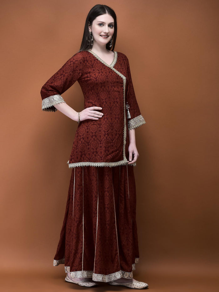 Women Liva (Rayon) Rust Floral Print Kurta With Split Pant.