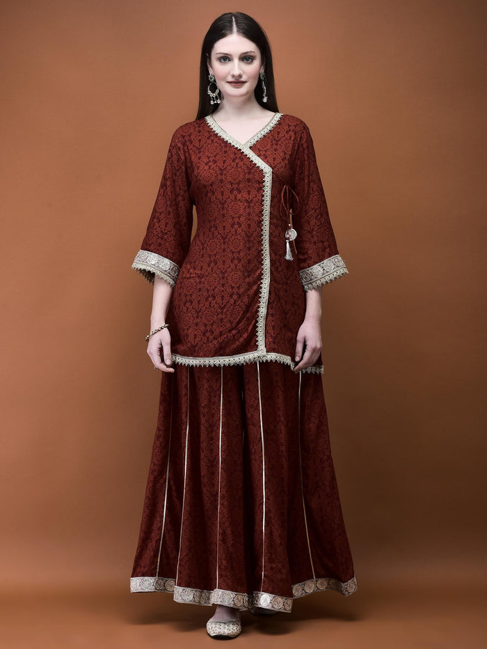 Women Liva (Rayon) Rust Floral Print Kurta With Split Pant.