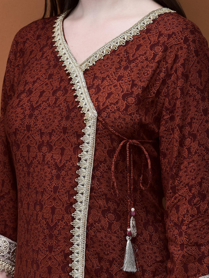 Women Liva (Rayon) Rust Floral Print Kurta With Split Pant.