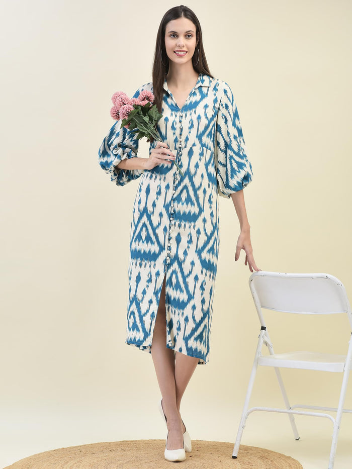 Women Liva Rayon Teal Ikat Print Dress.