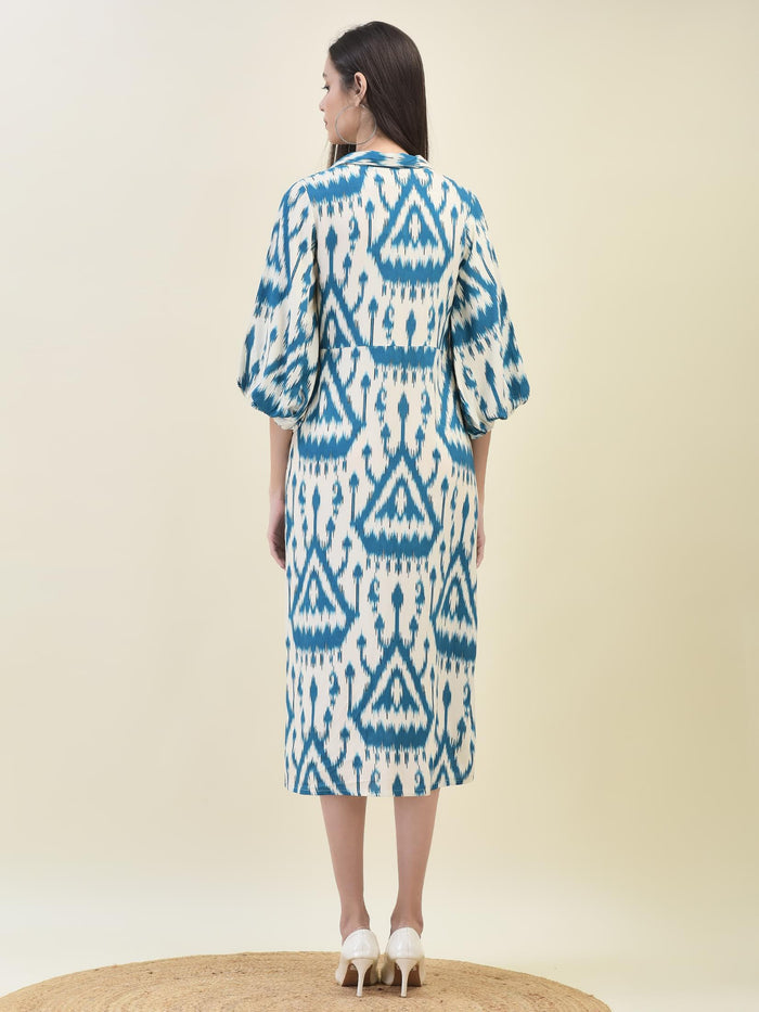Women Liva Rayon Teal Ikat Print Dress.