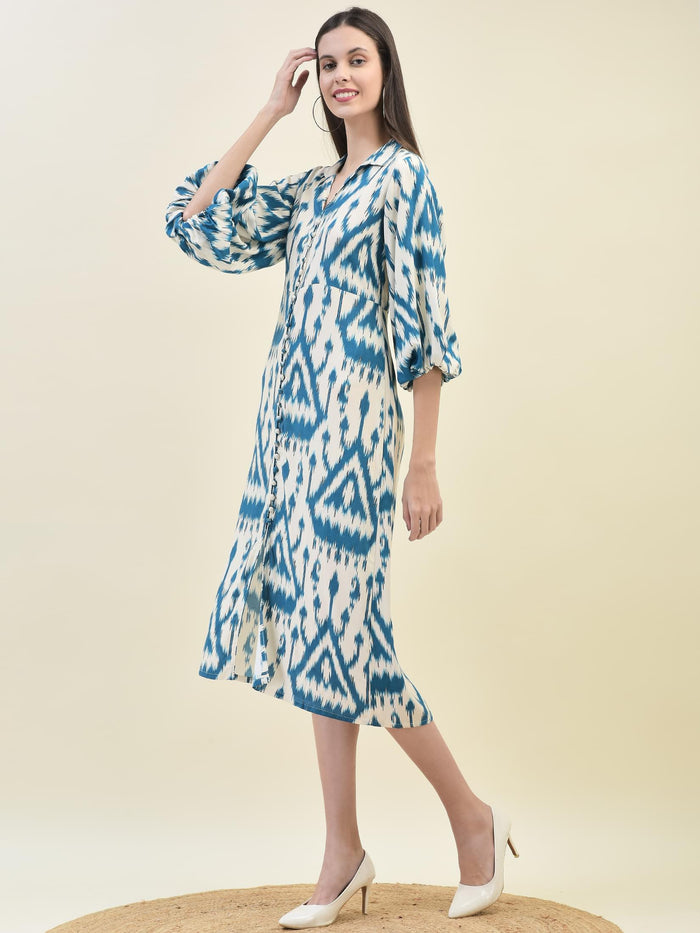Women Liva Rayon Teal Ikat Print Dress.