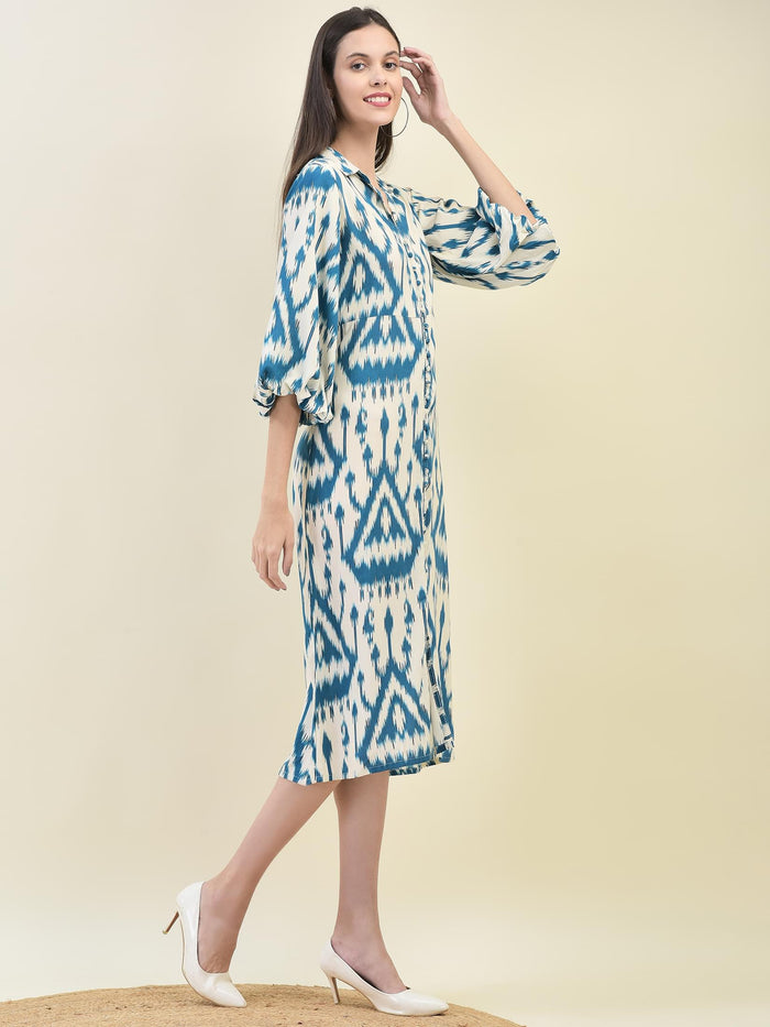 Women Liva Rayon Teal Ikat Print Dress.
