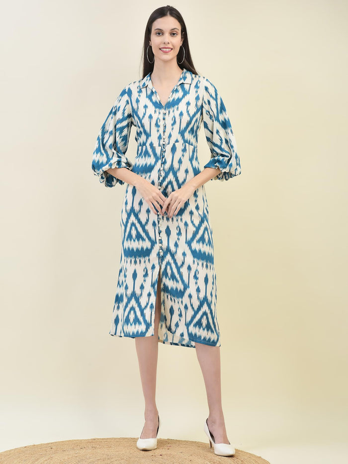 Women Liva Rayon Teal Ikat Print Dress.