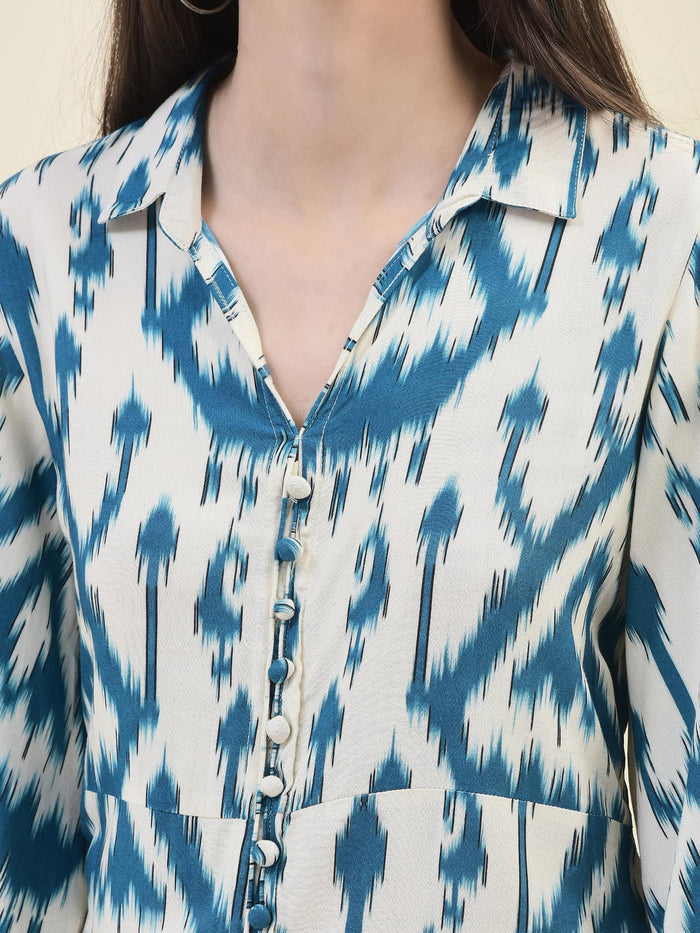 Women Liva Rayon Teal Ikat Print Dress.