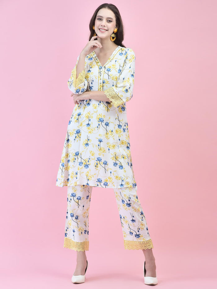 Women Liva (Rayon) White Floral Print Co-Ord Set.