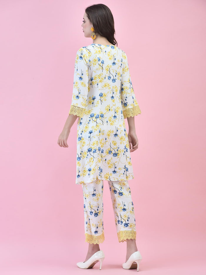 Women Liva (Rayon) White Floral Print Co-Ord Set.