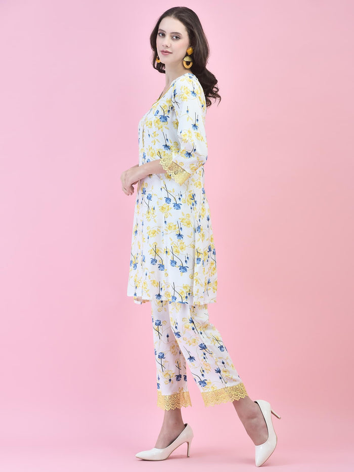 Women Liva (Rayon) White Floral Print Co-Ord Set.