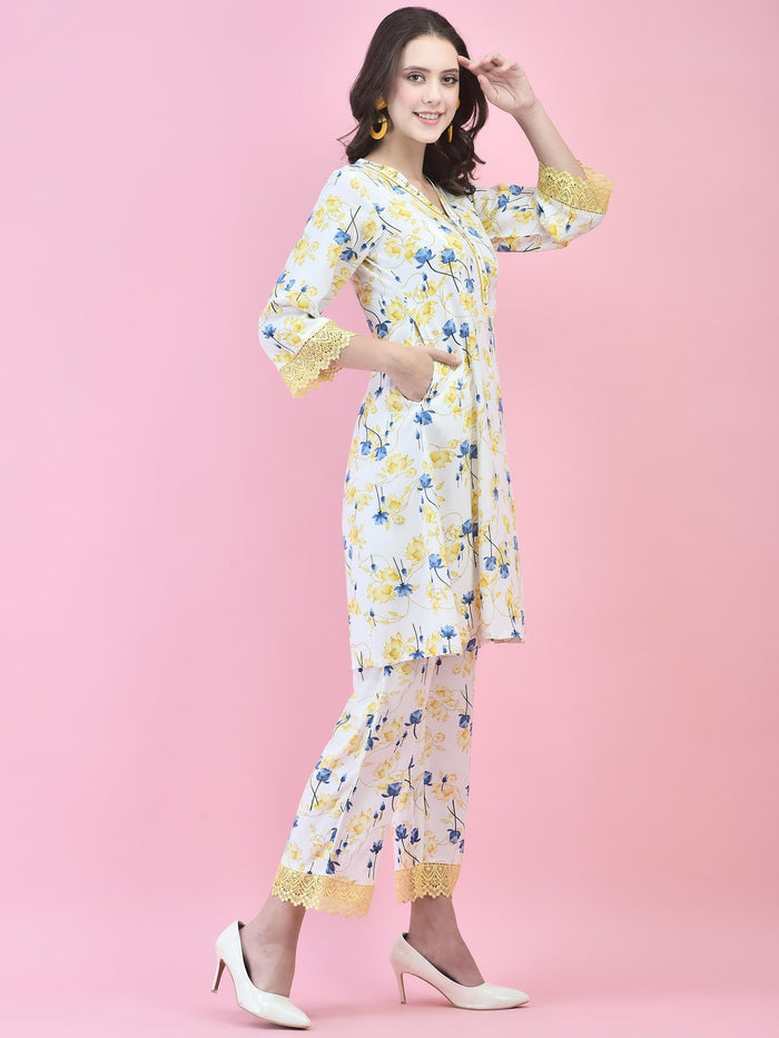 Women Liva (Rayon) White Floral Print Co-Ord Set.