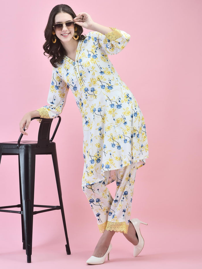 Women Liva (Rayon) White Floral Print Co-Ord Set.
