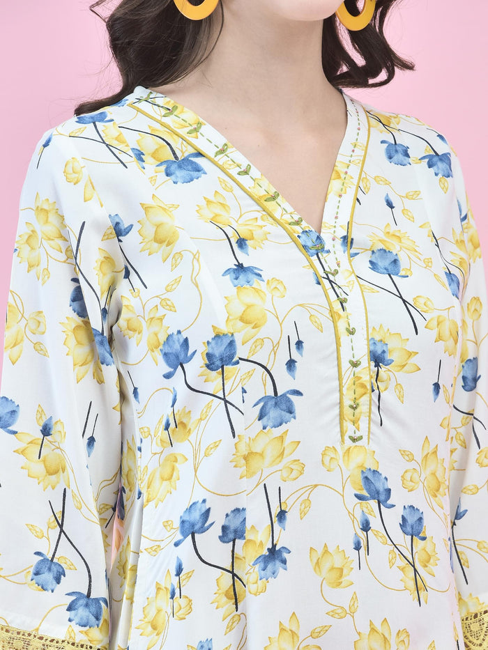 Women Liva (Rayon) White Floral Print Co-Ord Set.
