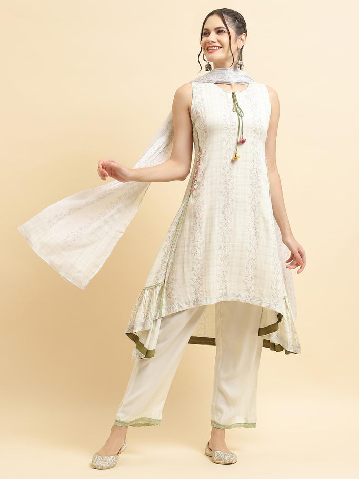 Women Liva Rayon White Floral Print Kurta Comfort Pant Dupatta.